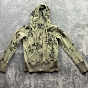 Vanity Floral Zip Hoodie Women's Small Sage Green Black Print Y2K